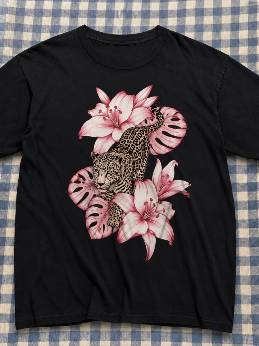 Black Tee with Pink Floral & Leopard Graphic Unisex